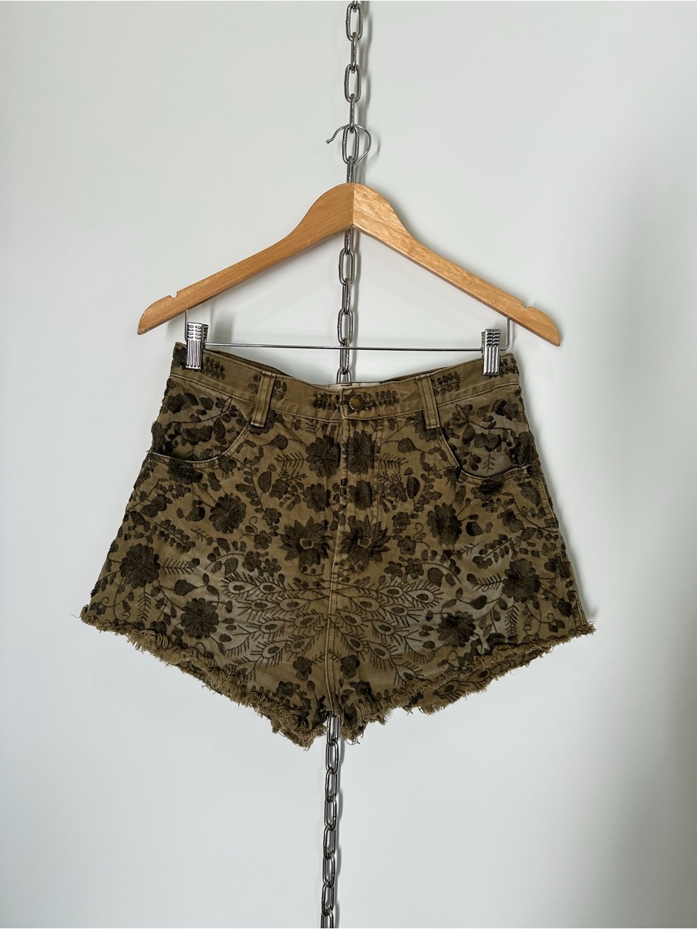 Free People Olive Green Ettiene Field Denim Shorts w/ Floral Embroidery
